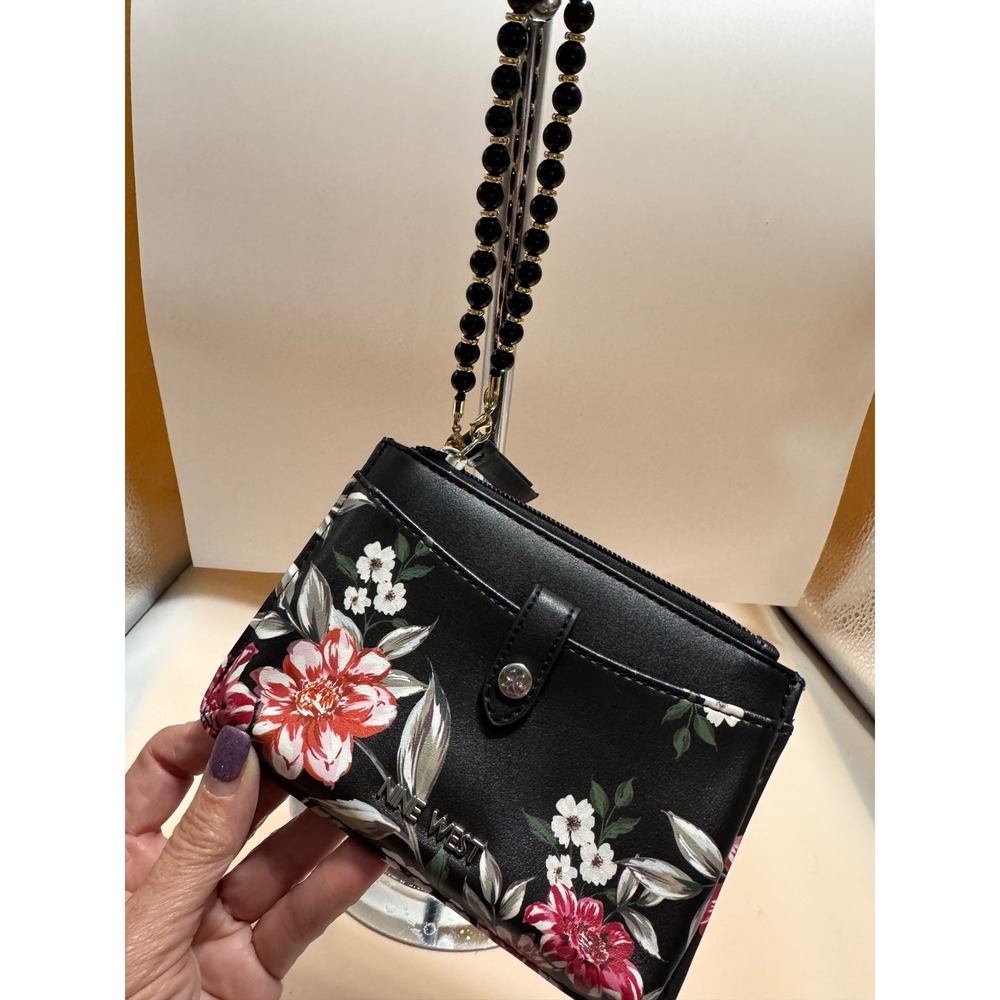 Nine West Floral Wristlet Wallet Black Faux Leather Beaded Strap - Picture 4 of 5